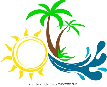 Sol amarillo, olas azules y palmeras. Diseño para viajes y ocio