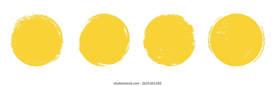 Yellow sun brush stamp watercolor paint shape sets. Hand drawn rough yellow circle shape ink brush stroke texture. Grunge circular rough badge background element pack. Vector illustration