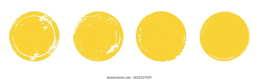 Yellow sun brush stamp watercolor paint shape sets. Hand drawn rough yellow circle shape ink brush stroke texture. Grunge circular rough badge background element pack. Vector illustration