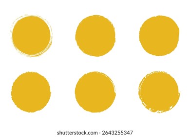 Yellow sun brush stamp watercolor paint shape sets. Hand drawn rough yellow circle shape ink brush stroke texture. Grunge circular rough badge background element pack. Vector illustration
