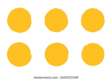 Yellow sun brush stamp watercolor paint shape sets. Hand drawn rough yellow circle shape ink brush stroke texture. Grunge circular rough badge background element pack. Vector illustration