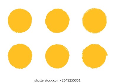 Yellow sun brush stamp watercolor paint shape sets. Hand drawn rough yellow circle shape ink brush stroke texture. Grunge circular rough badge background element pack. Vector illustration