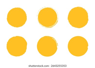 Yellow sun brush stamp watercolor paint shape sets. Hand drawn rough yellow circle shape ink brush stroke texture. Grunge circular rough badge background element pack. Vector illustration