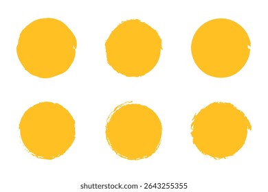 Yellow sun brush stamp watercolor paint shape sets. Hand drawn rough yellow circle shape ink brush stroke texture. Grunge circular rough badge background element pack. Vector illustration