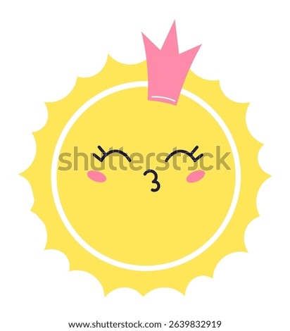 Yellow sun character wearing pink crown sending kiss with closed eyes, cheeks blushing, simple flat vector illustration isolated on white background