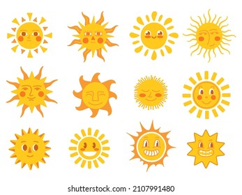 Personajes de sol amarillo. Sonreír sol, emoticono del clima de verano. Caras de dibujos animados, alegres símbolos de vacaciones soleadas. Sunshine, doodle conjunto vectorial estacional limpio