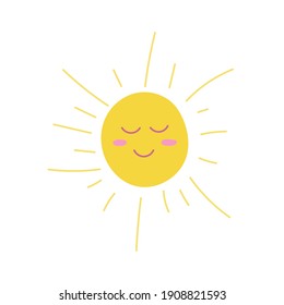 Yellow sun with closed eyes and a smile on a white background. Vector flat illustration in cartoon style.