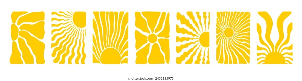 Hintergründe der Yellow Sun Collection. Groovy Doodle Formen im trendigen Retro 60er 70er Jahre Stil. Template-Poster oder Banner mit Sonne und welligen Strahlen