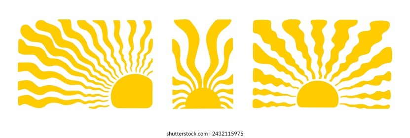 Yellow Sun Collection backgrounds. Groovy doodle shapes in trendy retro 60s 70s style. Template poster or banner with sun and wavy rays
