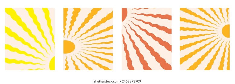 Yellow Sun Collection backgrounds. Groovy doodle shapes in trendy retro 60s 70s style. Template poster or banner with sun and wavy rays