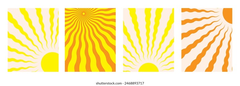 Yellow Sun Collection backgrounds. Groovy doodle shapes in trendy retro 60s 70s style. Template poster or banner with sun and wavy rays