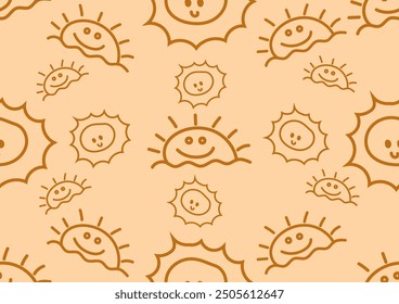 Yellow sun doodle art seamless pattern on a light yellow background. For cards, frames, posters, book covers, textiles, wallpaper, wrapping and fabric. 