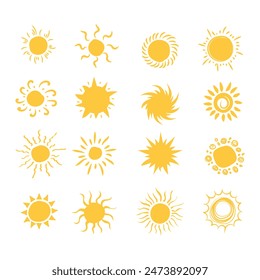yellow sun drawing vector  collection isolated white background