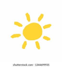 Yellow sun drawn by hand with watercolor brush. Grunge icon, logo, symbol. Sketch, paint, graffiti. Isolated vector illustration.