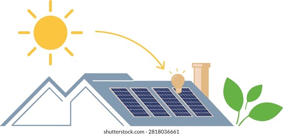 Yellow sun emitting rays powering blue solar panels on gray roof with green trees and brown chimney sun rays
