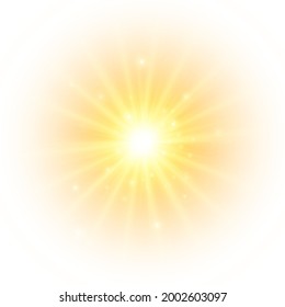 The yellow sun, a flash, a soft glow without departing rays. Star flashed with sparkles isolated on white background. Vector illustration of abstract yellow splash.