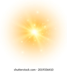 The yellow sun, a flash, a soft glow without departing rays. Star flashed with sparkles isolated on white background. Vector illustration of abstract yellow splash.
