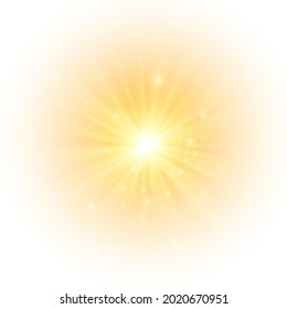 The yellow sun, a flash, a soft glow without departing rays. Star flashed with sparkles isolated on white background. Vector illustration of abstract yellow splash.
