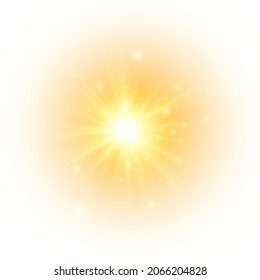 The yellow sun, a flash, a soft glow without departing rays. Star flashed with sparkles isolated on white background. Vector illustration of abstract yellow splash.