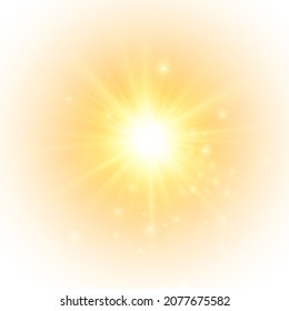 The yellow sun, a flash, a soft glow without departing rays. Star flashed with sparkles isolated on white background. Vector illustration of abstract yellow splash.