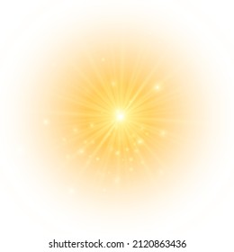 The yellow sun, a flash, a soft glow without departing rays. Star flashed with sparkles isolated on white background. Vector illustration of abstract yellow splash.