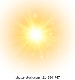 El sol amarillo, un destello, un resplandor suave sin salir de los rayos. Estrella salpicada de chispas aisladas sobre fondo blanco. Ilustración vectorial de la salpicadura amarilla abstracta.