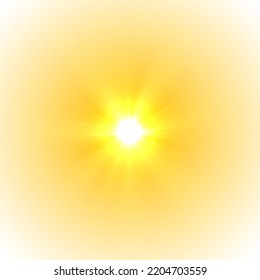 The yellow sun, a flash, a soft glow without departing rays. Orange summer sunlight burst. Summer sunburst. Shiny hot star lights, summer concept gold bright and vibrant color background. Vector
