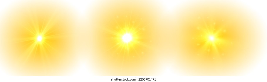 The yellow sun, a flash, a soft glow without departing rays. Orange summer sunlight burst. Summer sunburst. Shiny hot star lights, summer concept gold bright and vibrant color background. Vector