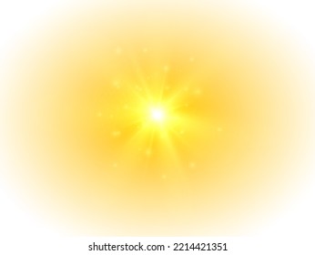 Die gelbe Sonne, ein Blitz, ein weiches Licht ohne Rochen. Orangefarbenes Sommersonnenlicht brach aus. Sommersonnenbrand. Shiny Hot-Star-Lichter, Sommerkonzept goldener heller und lebendiger Hintergrund. Vektorgrafik