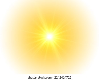 El sol amarillo, un destello, un resplandor suave sin salir de los rayos. La luz solar naranja del verano se incendió. El sol de verano. Luces brillantes de estrella caliente, concepto de verano dorado brillante y color de fondo vibrante. Vector