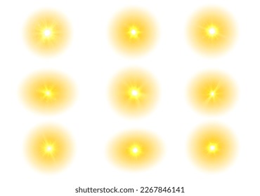 The yellow sun, a flash, a soft glow without departing rays. Orange summer sunlight burst. Summer sunburst. Shiny hot star lights, summer concept gold bright and vibrant color background. Vector