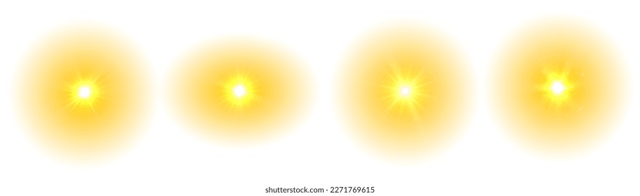 The yellow sun, a flash, a soft glow without departing rays. Orange summer sunlight burst. Summer sunburst. Shiny hot star lights, summer concept gold bright and vibrant color background. Vector