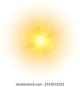 Yellow sun, a flash, a soft glow without departing rays. Star flashed with sparkles isolated on white background. Vector illustration of abstract yellow splash.