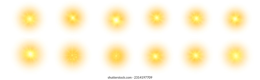 Yellow sun, a flash, a soft glow without departing rays. Star flashed with sparkles isolated on white background. Vector illustration of abstract yellow splash.