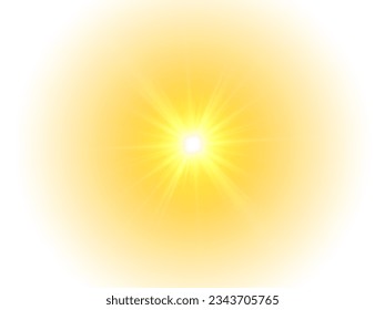 The yellow sun, a flash, a soft glow without departing rays. Star flashed with sparkles isolated on white background. Yellow splash. Vector illustration of abstract yellow burst.