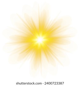 Sol amarillo, un destello, un resplandor suave sin rayos salientes. Estrella salpicada de chispas aisladas sobre fondo blanco. Ilustración vectorial de la salpicadura amarilla abstracta.