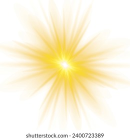 Sol amarillo, un destello, un resplandor suave sin rayos salientes. Estrella salpicada de chispas aisladas sobre fondo blanco. Ilustración vectorial de la salpicadura amarilla abstracta.
