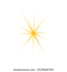 Die gelbe Sonne, ein Blitz, ein sanftes Leuchten ohne ausgehende Strahlen. Orangefarbenes Sommersonnenlicht zerplatzt. Sommer-Sonnenaufgang. Glänzende heiße Sternenlichter, Sommerkonzept Gold helle und lebendige Farbe Hintergrund. Vektorgrafik