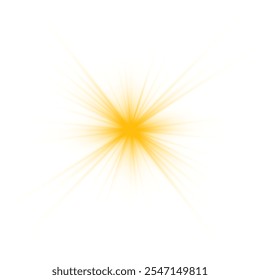 El sol amarillo, un destello, un suave resplandor sin rayos que parten. Estalló la luz del sol naranja de verano. Verano sunburst. Brillantes luces de estrellas calientes, concepto de verano de oro brillante y vibrante fondo de color. Vector