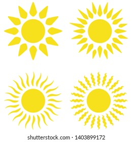 Yellow sun flat icons collection vector graphic design. Bright vector summer symbol for website design, mobile app. Accurate sun icons with rounded and twisted rays, beams isolated on white