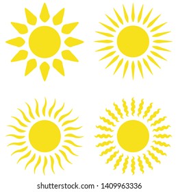 Yellow sun flat icons collection vector graphic design. Bright vector summer symbol for website design, mobile app. Accurate sun icons with rounded and twisted rays, beams isolated on white 