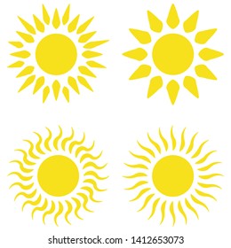 Yellow sun flat icons collection vector graphic design. Bright vector summer symbol for website design, mobile app. Accurate sun icons with rounded and twisted rays, beams isolated on white