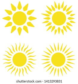 Yellow sun flat icons collection vector graphic design. Bright vector summer symbol for website design, mobile app. Accurate sun icons with rounded and twisted rays, beams isolated on white