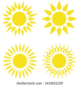 Yellow sun flat icons collection vector graphic design. Bright vector summer symbol for website design, mobile app. Accurate sun icons with rounded and twisted rays, beams isolated on white