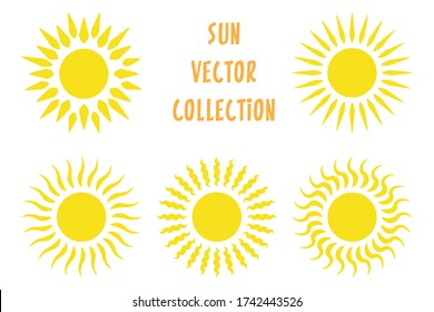 Yellow sun flat icons collection vector graphic design. Bright vector summer symbol for website design, mobile app. Accurate sun icons with rounded and twisted rays, beams isolated on white