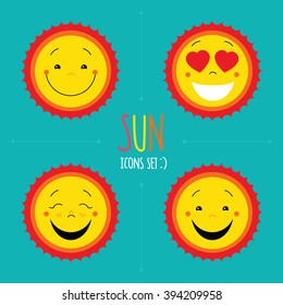 Yellow sun flat icons set on blue background. Vector cute kid happy smile faces. Cartoon characters. Symbols collection. Logo designs. Emoticons for web and print.