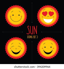 Yellow sun flat icons set on black background. Vector cute kid happy smile faces. Cartoon characters. Symbols collection. Logo designs. Emoticons for web and print.