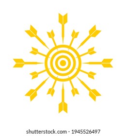 Yellow sun in the form of target and arrows. The concept of achieving goals. Sunburning actions