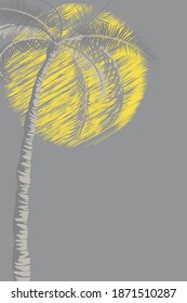 Yellow sun and gray palm tree on gray background. Color trends 2021 Ultimate gray and Illuminating Yellow. Lush palm leaves, sun shading. Minimalistic cover, flyer, advertisement. Vector illustration