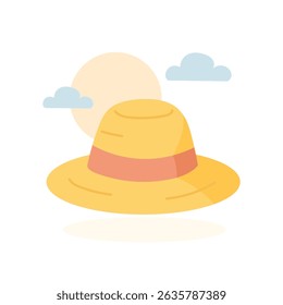 Yellow sun hat with orange band isolated on white background, sun hat ideal for beach vacation visuals, hat offering style and protection, symbolizing summer relaxation.